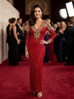Naeem Khan Red and Gold Long Sleeve evening gown, $5000 MSRP
